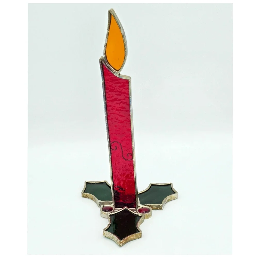 Vintage Stained Glass Christmas Holly & Candle Standing Centerpiece